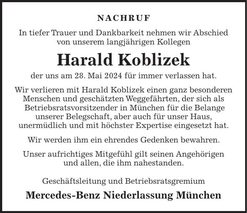 Traueranzeige Harald Koblizek