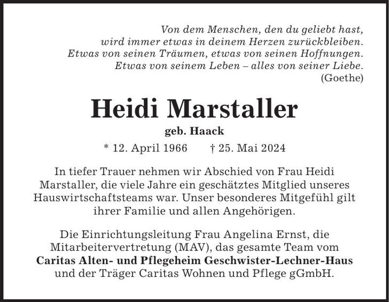 Traueranzeige Heidi Marstaller