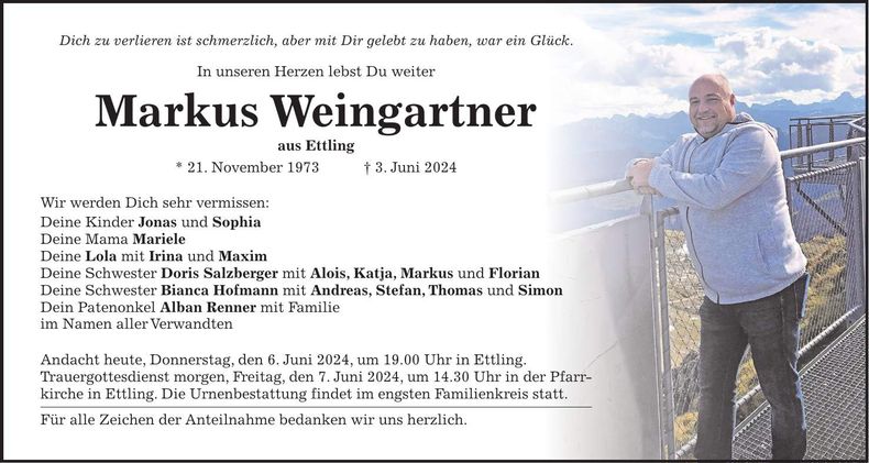 Traueranzeige Markus Weingartner