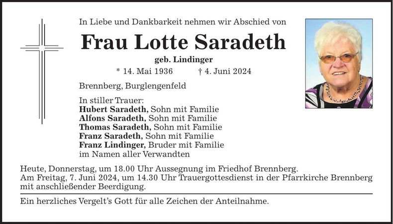 Traueranzeige Lotte Saradeth