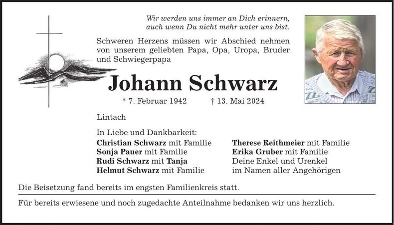 Traueranzeige Johann Schwarz