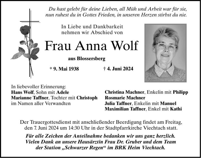 Traueranzeige Anna Wolf