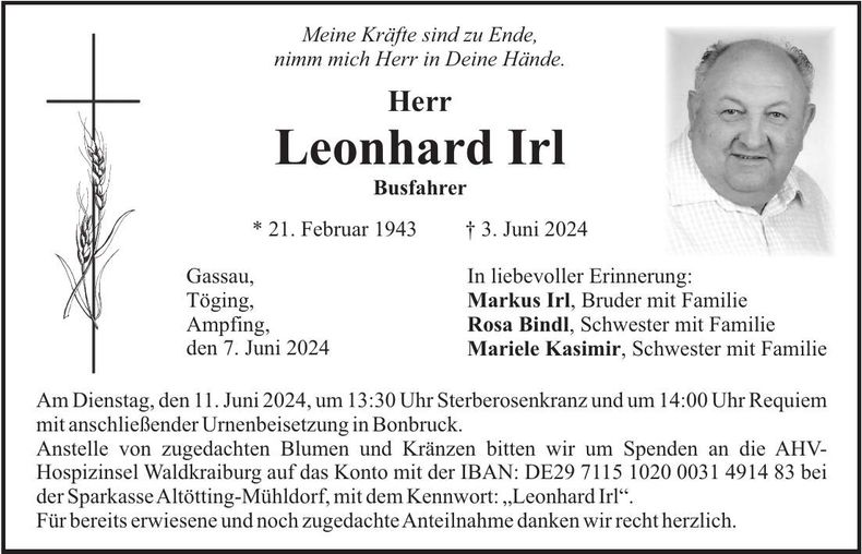 Traueranzeige Leonhard Irl