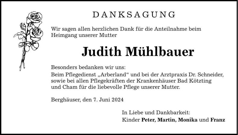 Traueranzeige Judith Mühlbauer