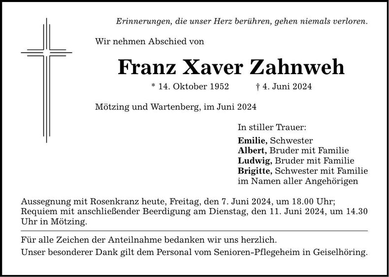 Traueranzeige Zahnweh Franz Xaver