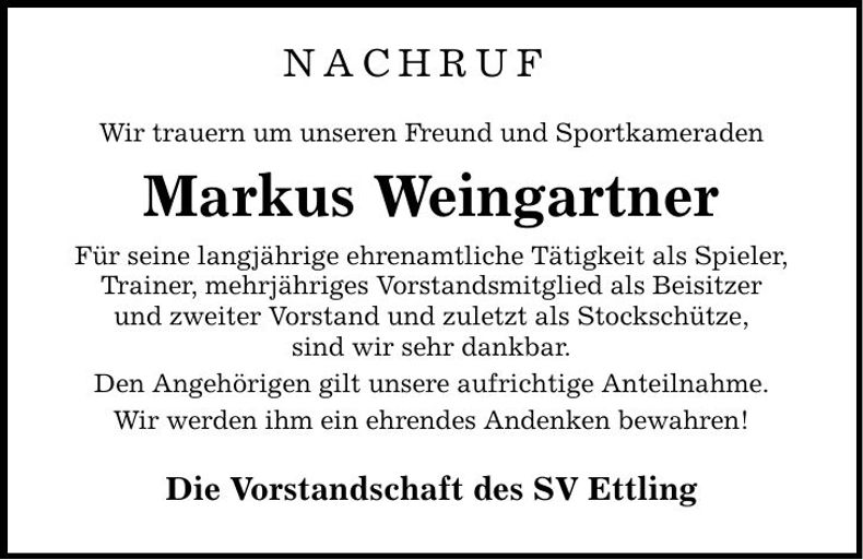 Traueranzeige Markus Weingartner