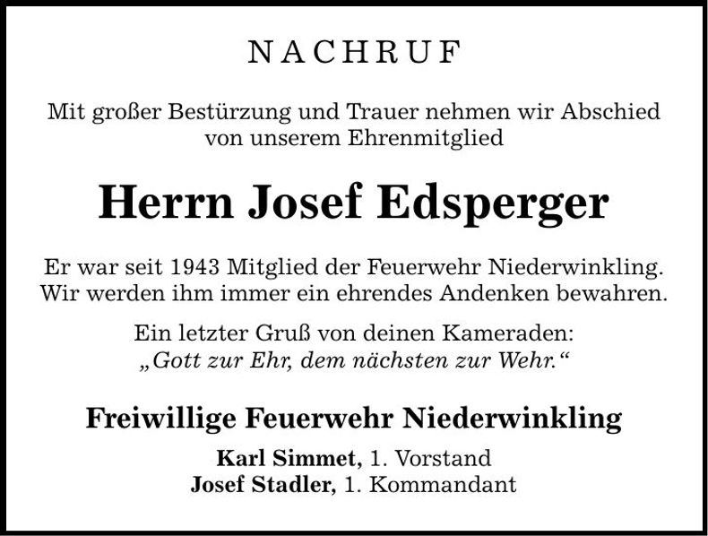 Traueranzeige Edsperger Josef