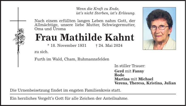 Traueranzeige Mathilde Kahnt