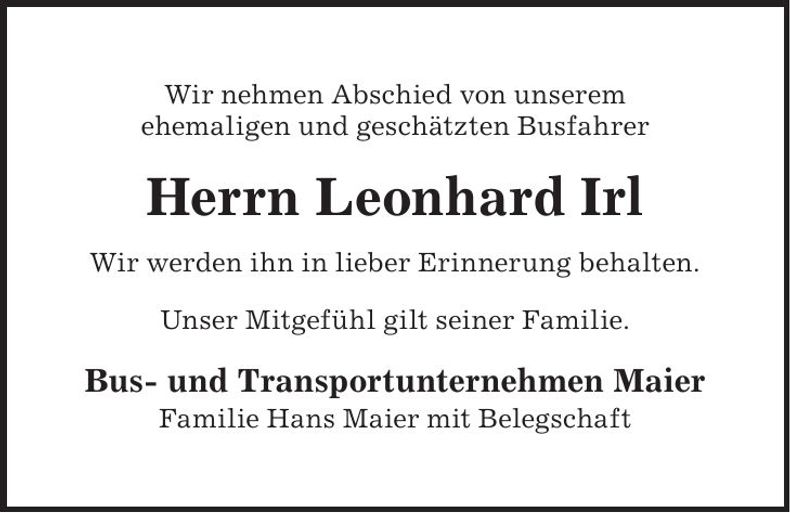 Traueranzeige Irl Leonhard