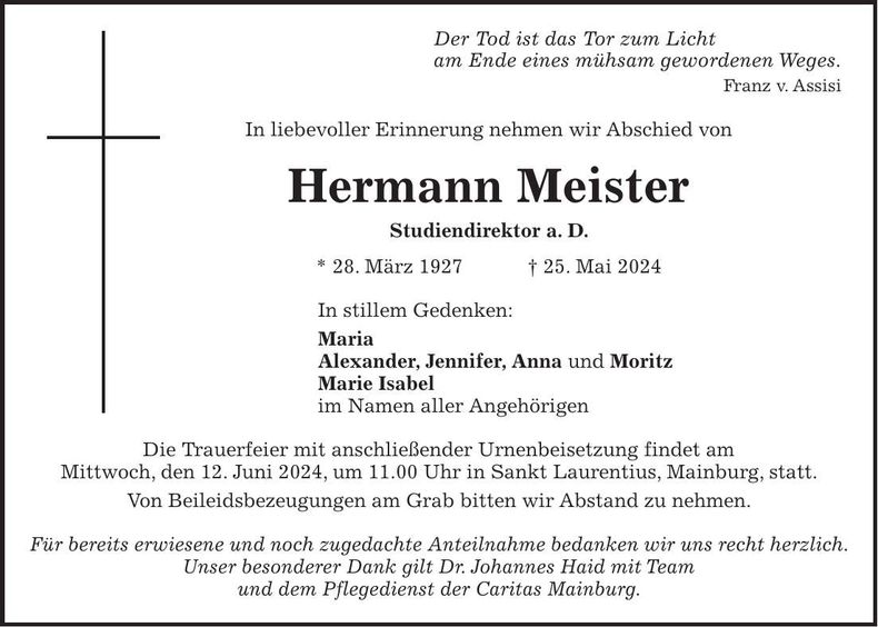 Traueranzeige Hermann Meister