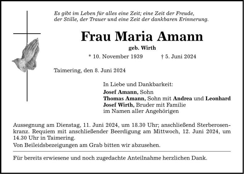 Traueranzeige Maria Amann