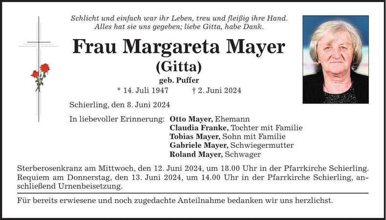 Traueranzeige Margareta Mayer