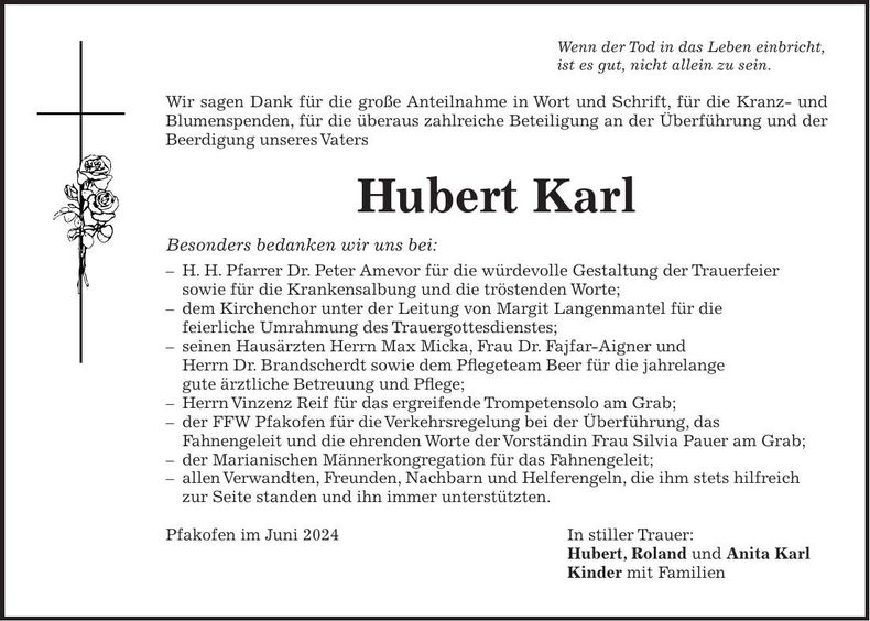 Traueranzeige Hubert Karl
