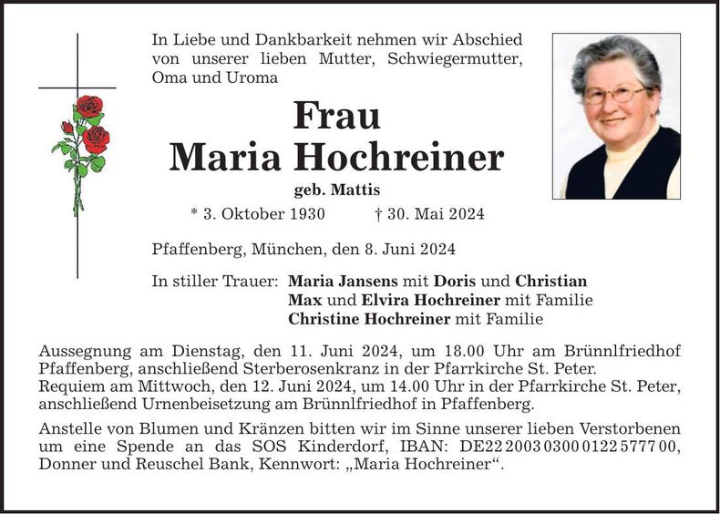 Traueranzeige Maria Hochreiner