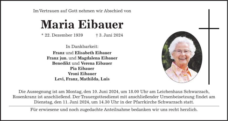 Traueranzeige Maria Eibauer