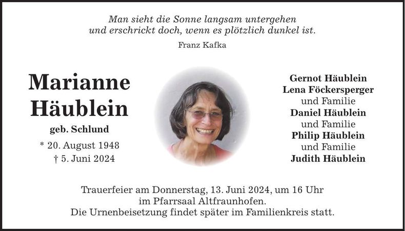 Traueranzeige Marianne Häublein