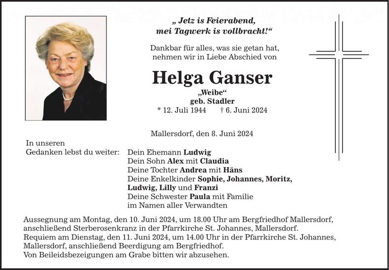 Traueranzeige Helga Ganser