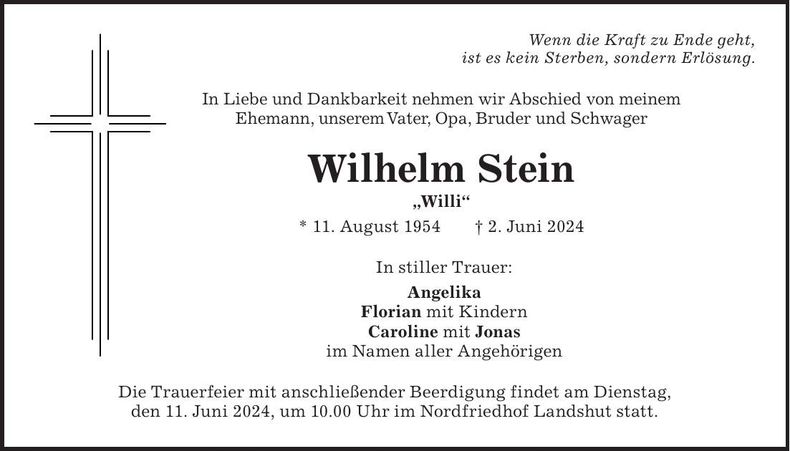 Traueranzeige Wilhelm Stein