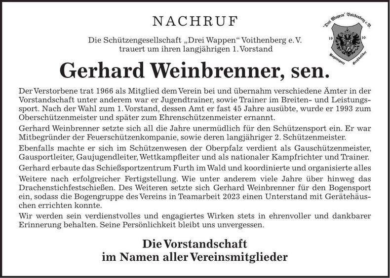 Traueranzeige Gerhard Weinbrenner
