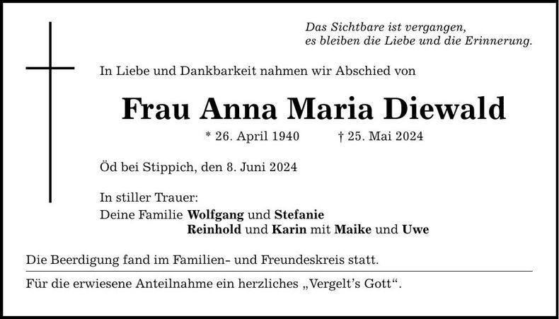 Traueranzeige Anna Maria Diewald