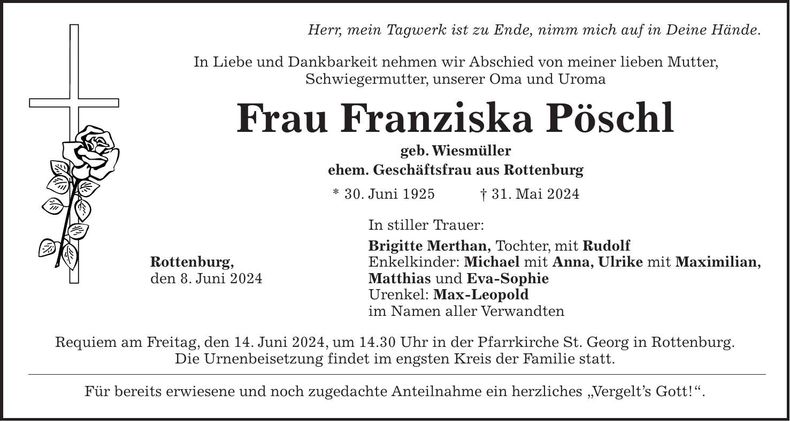 Traueranzeige Franziska Pöschl