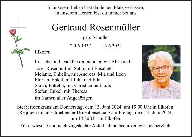 Traueranzeige Gertraud Rosenmüller