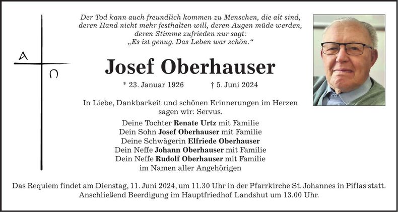 Traueranzeige Josef Oberhauser