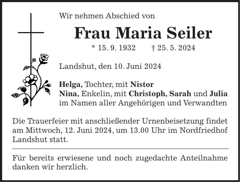 Traueranzeige Maria Seiler