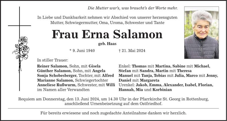 Traueranzeige Erna Salamon