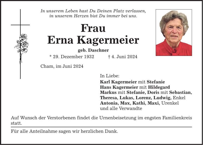 Traueranzeige Erna Kagermeier