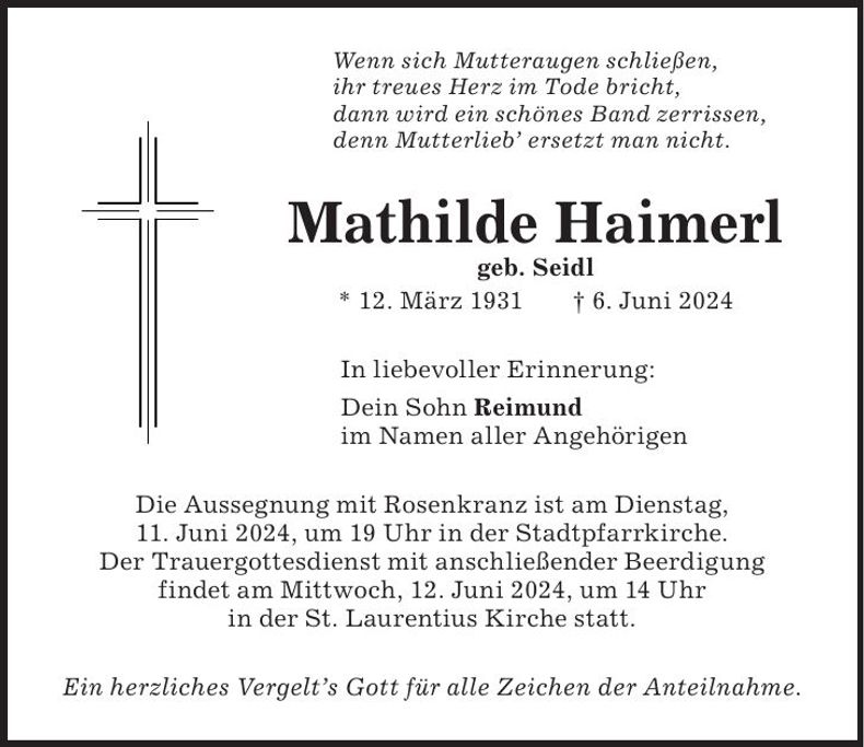 Traueranzeige Mathilde Haimerl