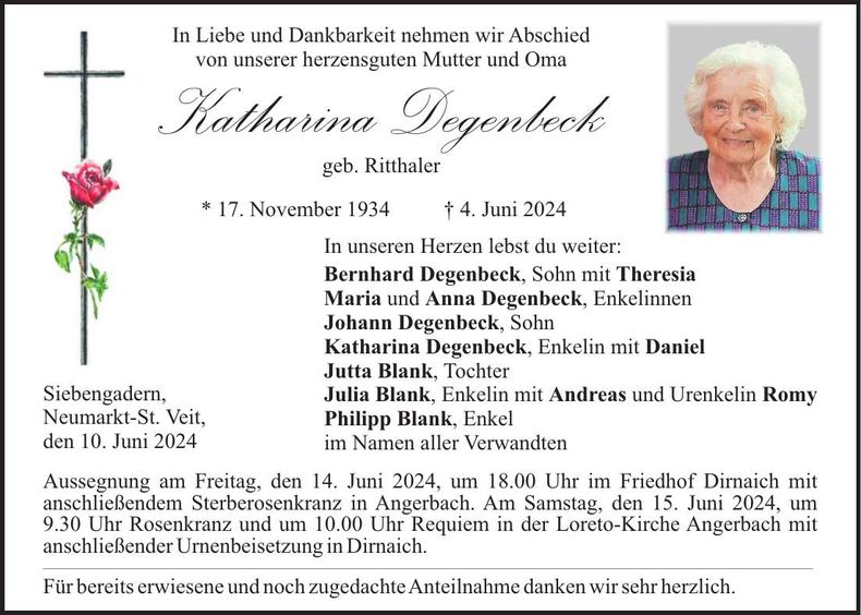 Traueranzeige Katharani Degenbeck