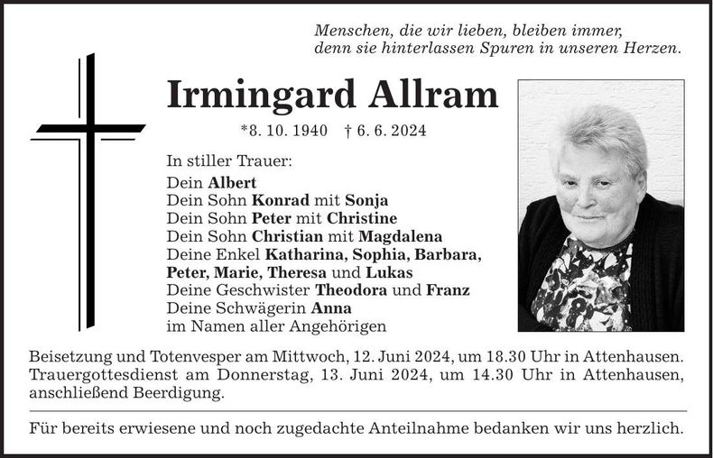 Traueranzeige Irmingard Allram