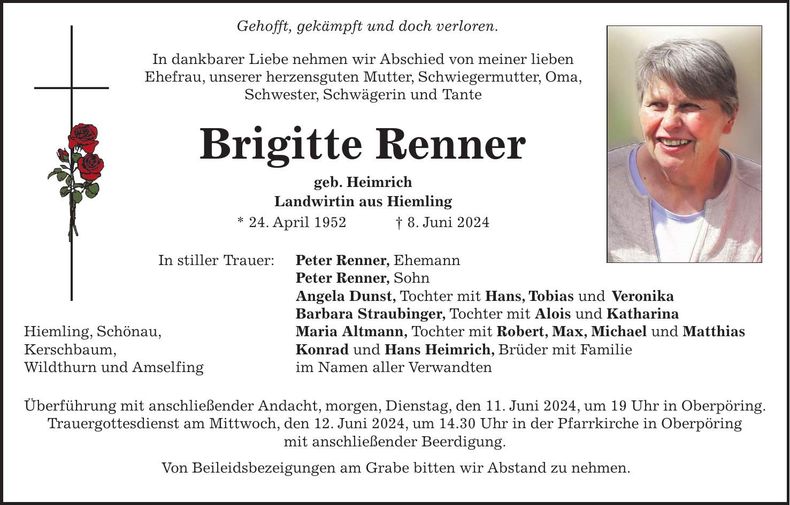 Traueranzeige Brigitte Renner