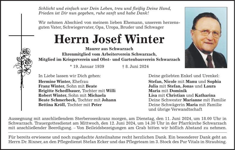 Traueranzeige Josef Winter