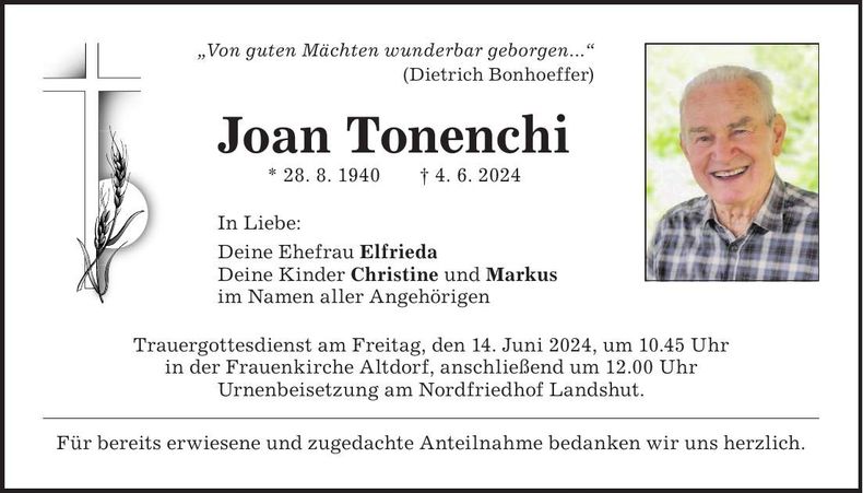 Traueranzeige Joan Tonenchi