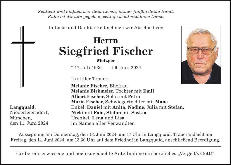 Traueranzeige Siegfried Fischer