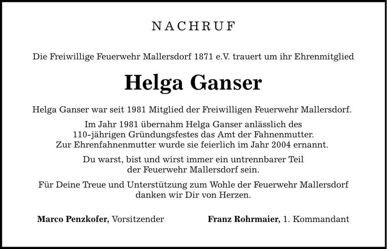 Traueranzeige Helga Ganser