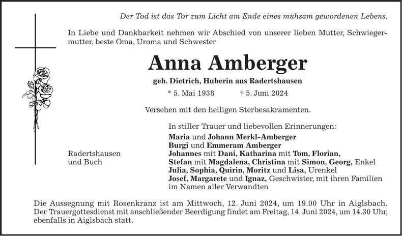 Traueranzeige Anna Amberger