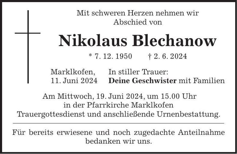 Traueranzeige Nikolaus Blechanow