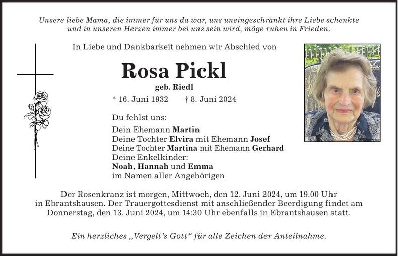 Traueranzeige Rosa Pickl