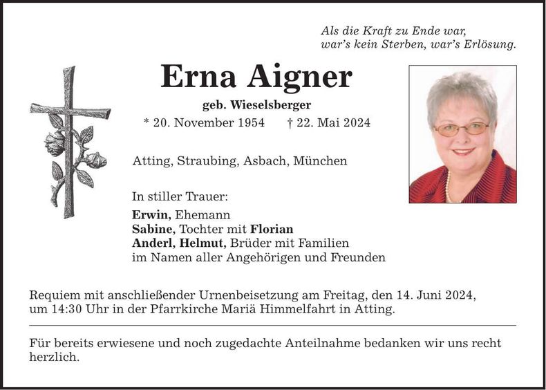 Traueranzeige Erna Aigner
