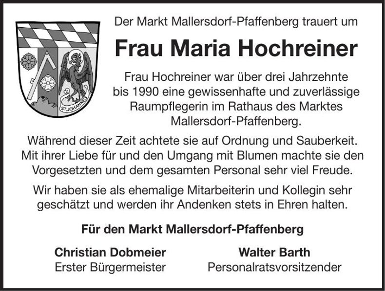 Traueranzeige Maria Hochreiner