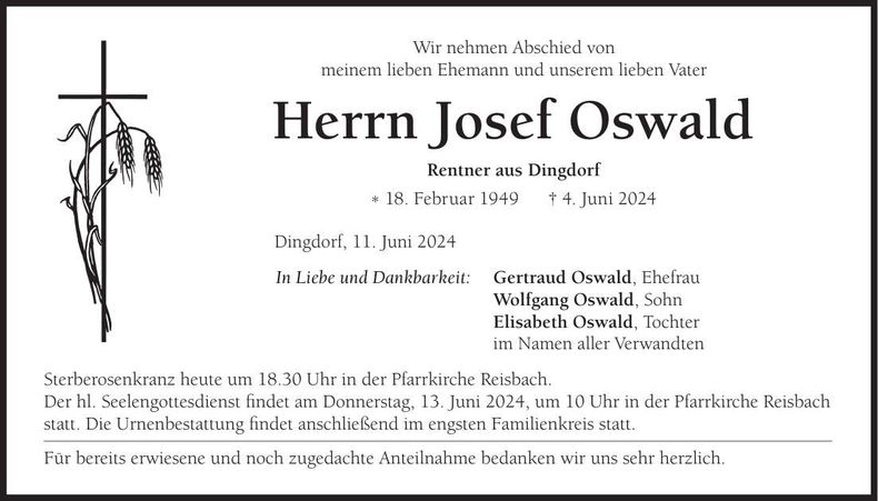 Traueranzeige Josef Oswald