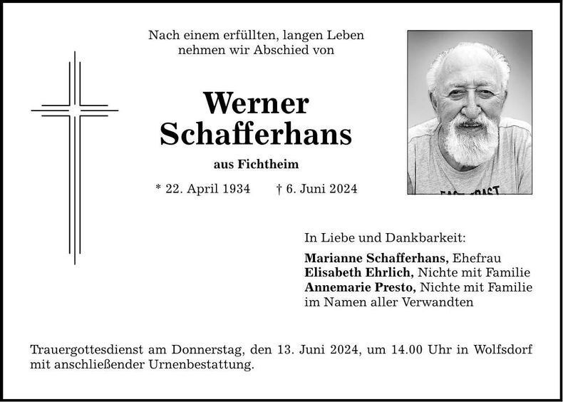 Traueranzeige Werner Schafferhans
