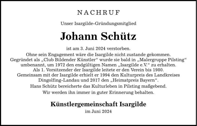 Traueranzeige Hans Schütz