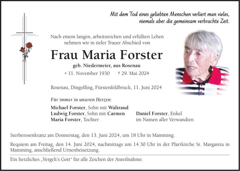 Traueranzeige Maria Forster