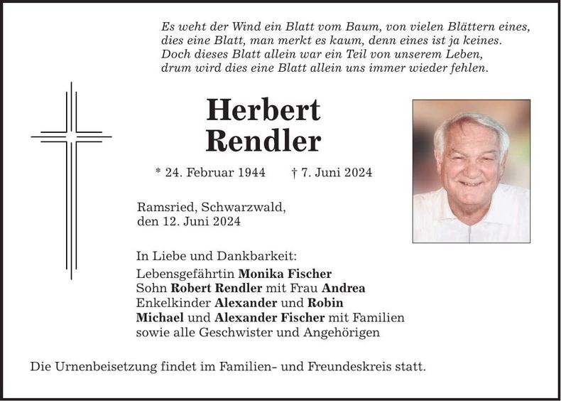 Traueranzeige Herbert Rendler