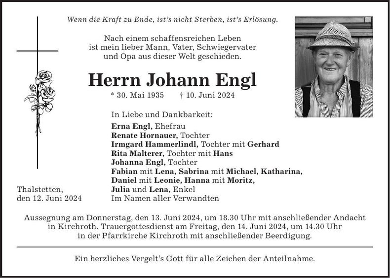 Traueranzeige Johann Engl