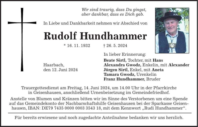 Traueranzeige Rudolf Hundhammer